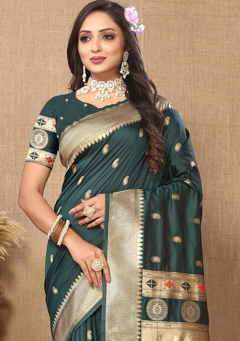Green Woven Silk Saree Set - Indya