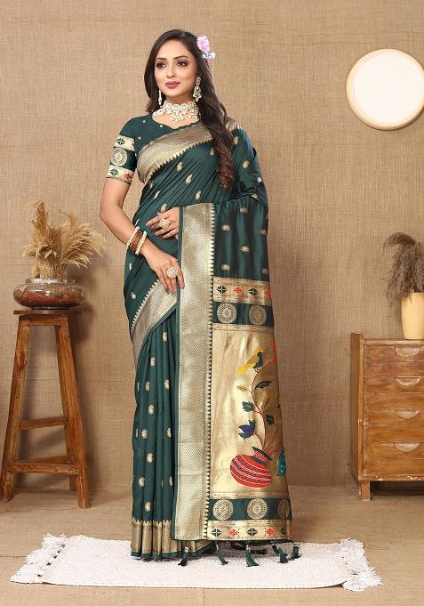 Green Woven Silk Saree Set