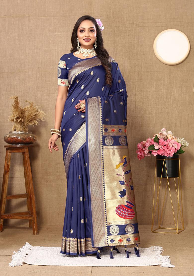 Navy Blue Woven Silk Saree Set - Indya