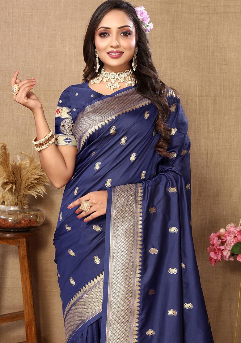 Navy Blue Woven Silk Saree Set - Indya