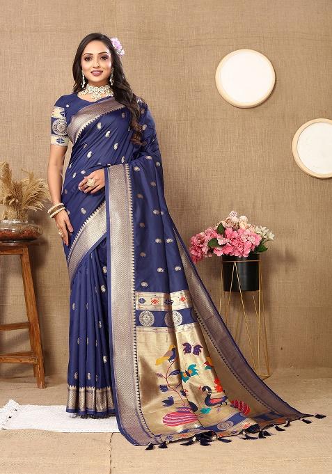 Navy Blue Woven Silk Saree Set