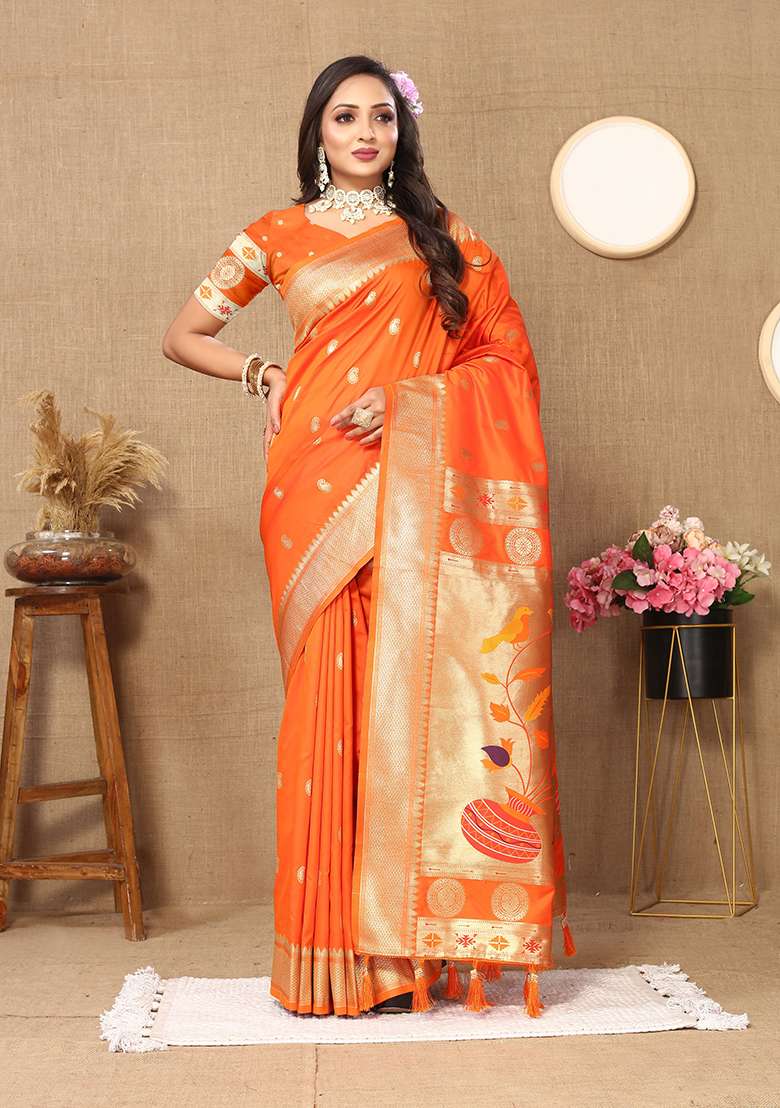 Orange Woven Silk Blend Saree Set for Diwali | Wedding & Festive Wear - Indya