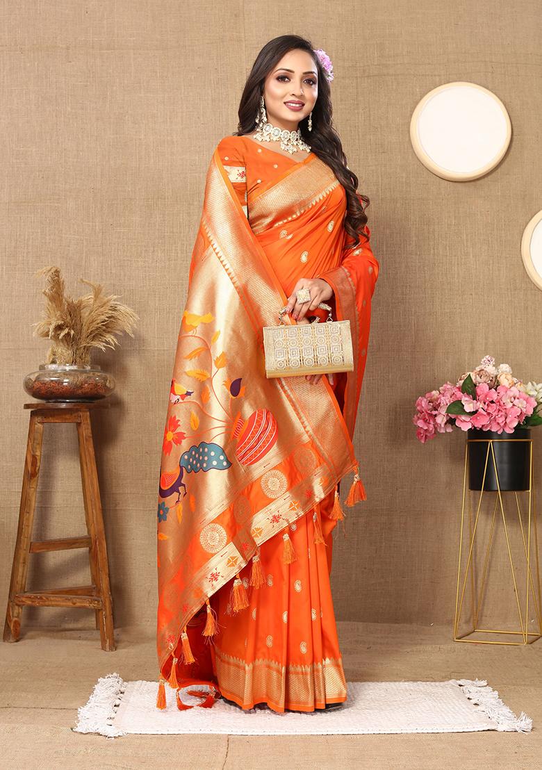 Orange Woven Silk Saree Set - Indya