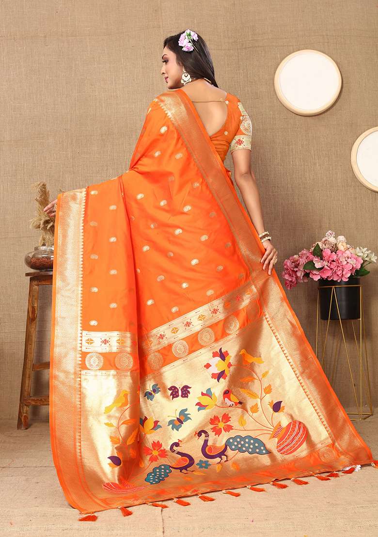 Orange Woven Silk Blend Saree Set for Diwali | Wedding & Festive Wear - Indya