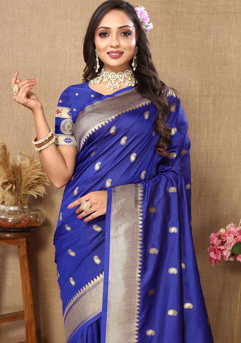 Royal Blue Woven Silk Saree Set - Indya