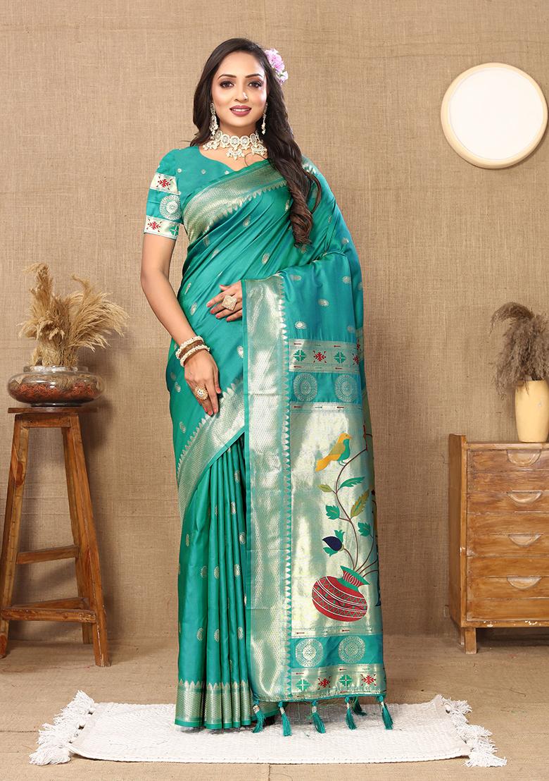 Rama Blue Woven Silk Saree Set - Indya