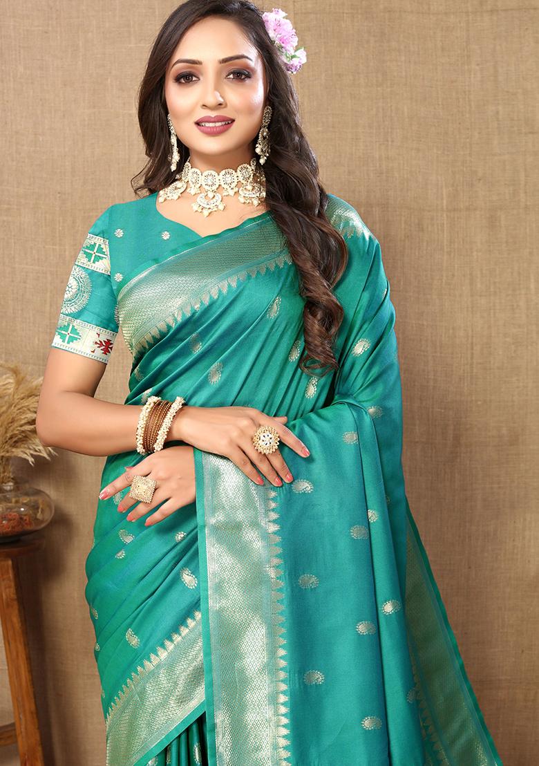 Rama Blue Woven Silk Saree Set - Indya