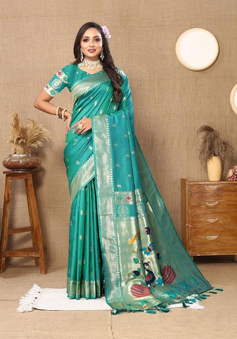 Rama Blue Woven Silk Saree Set