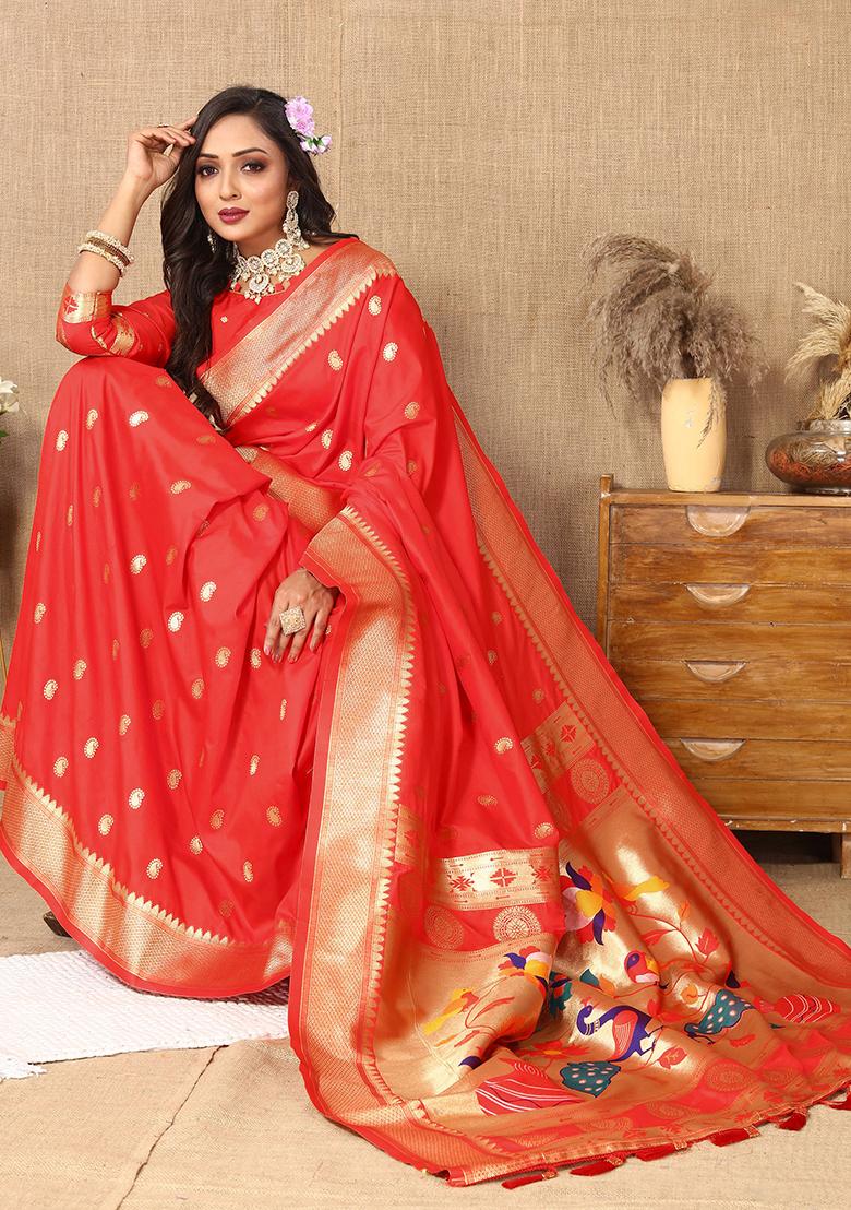 Red Woven Silk Saree Set - Indya