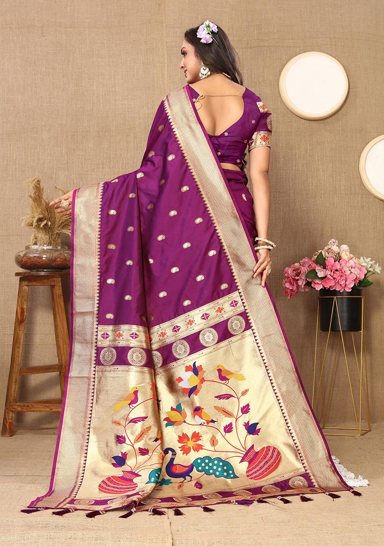 Wine Woven Silk Saree Set - Indya