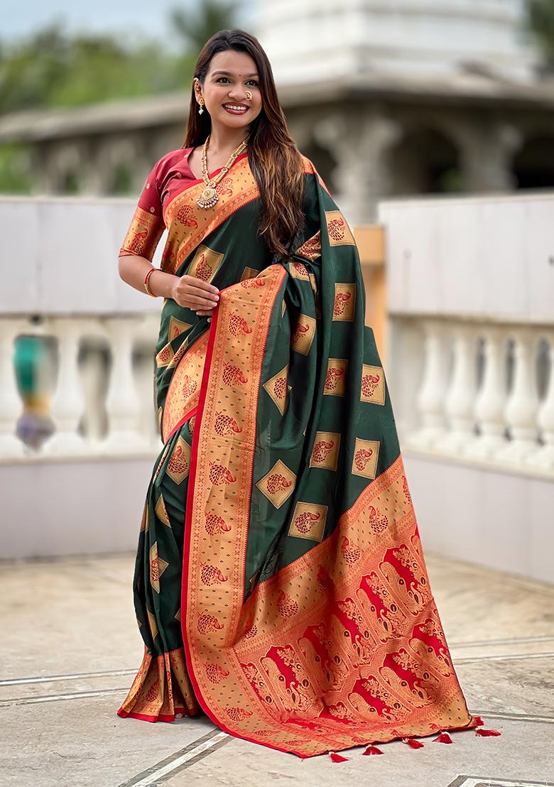 Green Woven Silk Saree Set - Indya