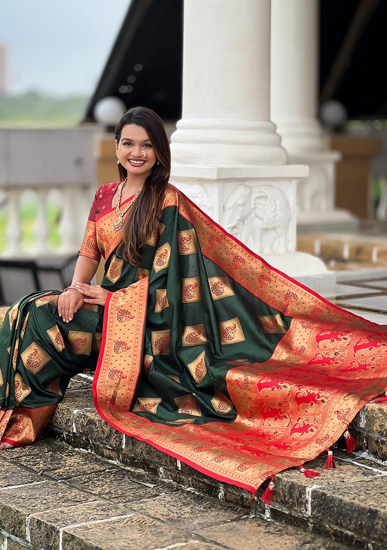 Green Woven Silk Saree Set - Indya