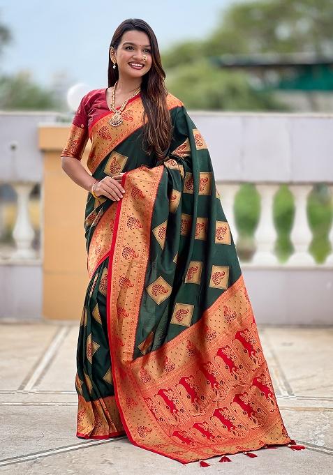 Green Woven Silk Saree Set