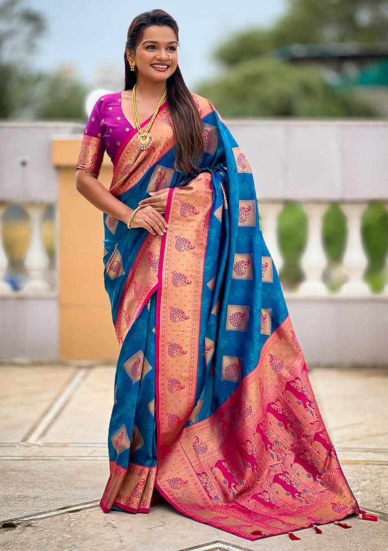 Teal Blue Woven Silk Saree Set - Indya