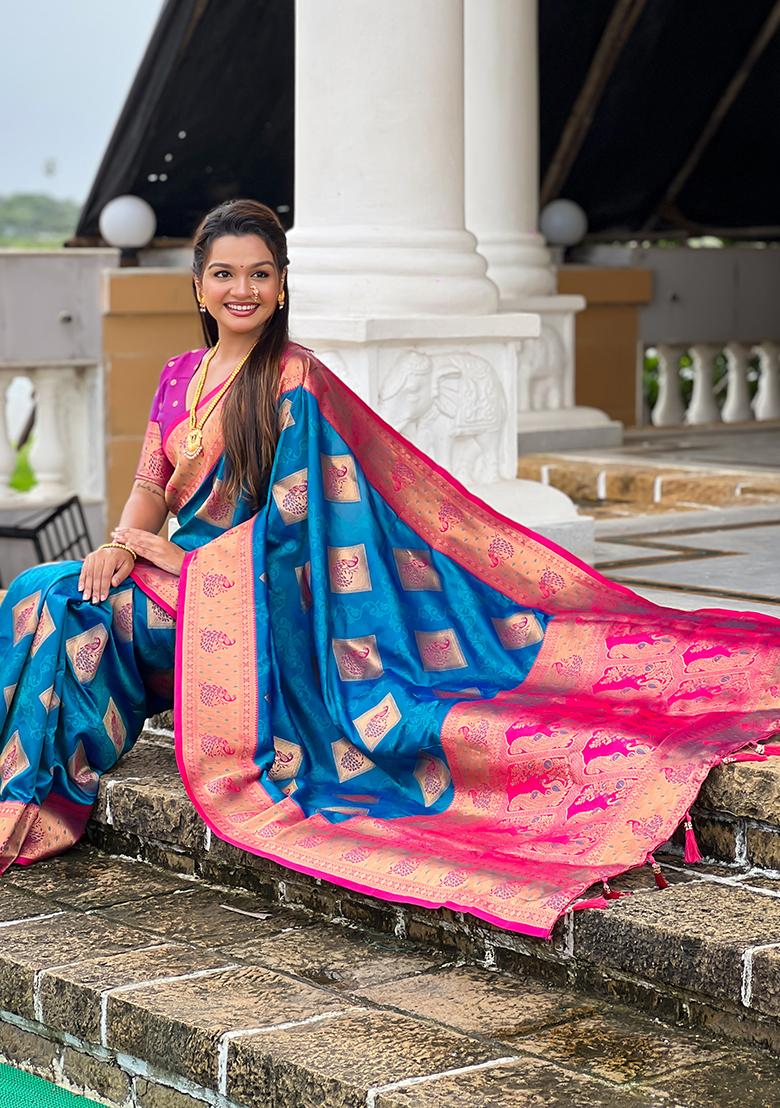 Teal Blue Woven Silk Saree Set - Indya