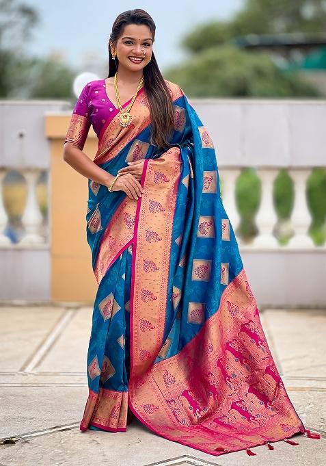 Teal Blue Woven Silk Saree Set
