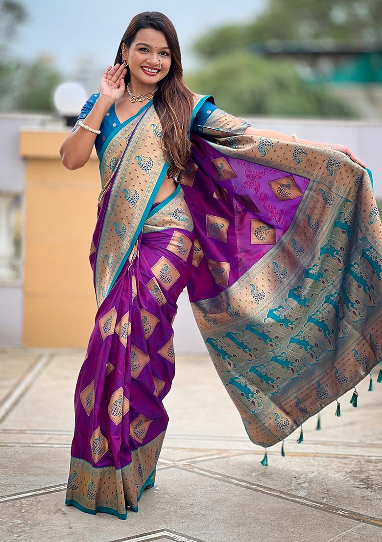 Magenta Woven Silk Saree Set - Indya