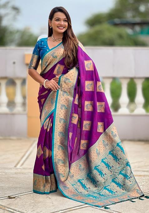 Magenta Woven Silk Saree Set