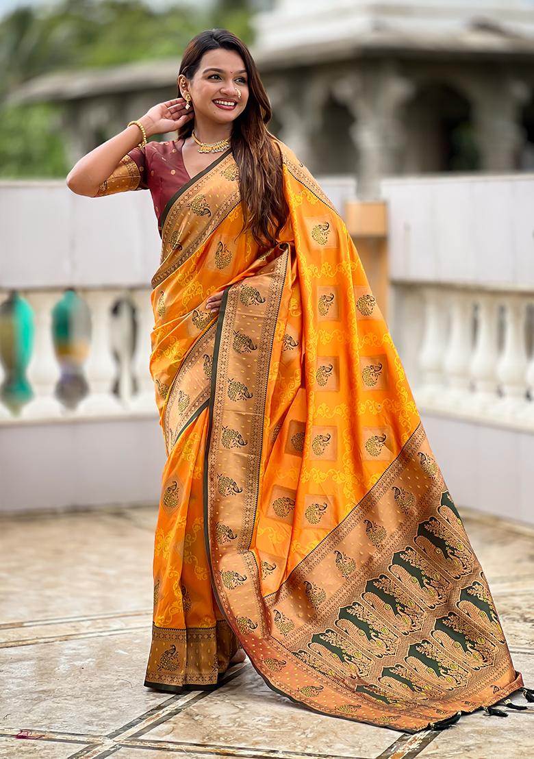 Mustard Woven Silk Saree Set - Indya