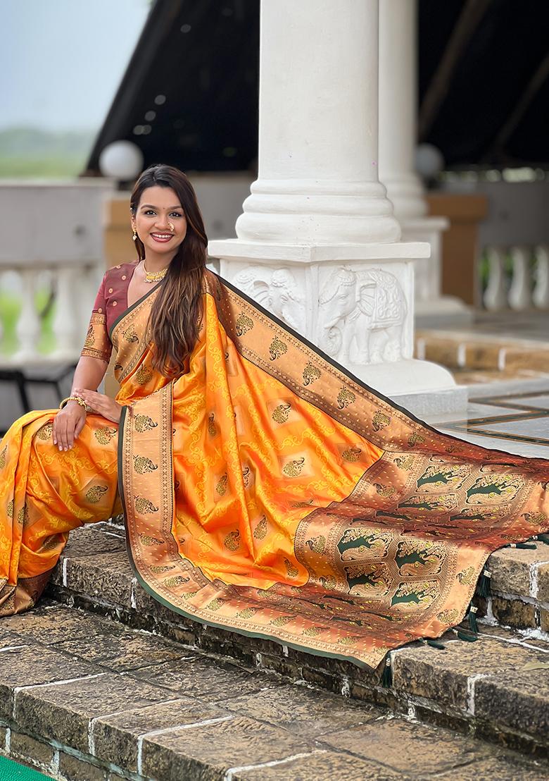 Mustard Woven Silk Saree Set - Indya