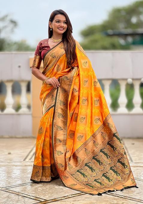 Mustard Woven Silk Saree Set