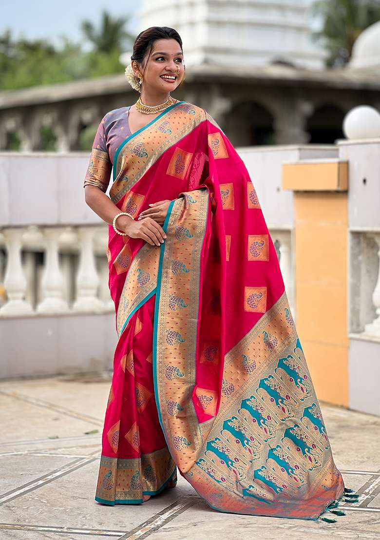 Pink Woven Silk Blend Saree Set for Diwali and Festive Wear - Indya