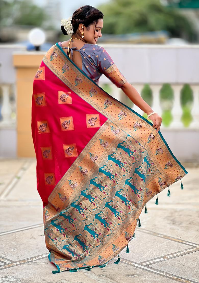 Pink Woven Silk Saree Set - Indya