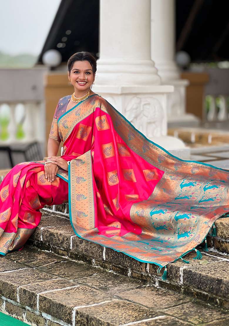 Pink Woven Silk Blend Saree Set for Diwali and Festive Wear - Indya