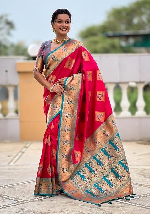 Pink Woven Silk Saree Set