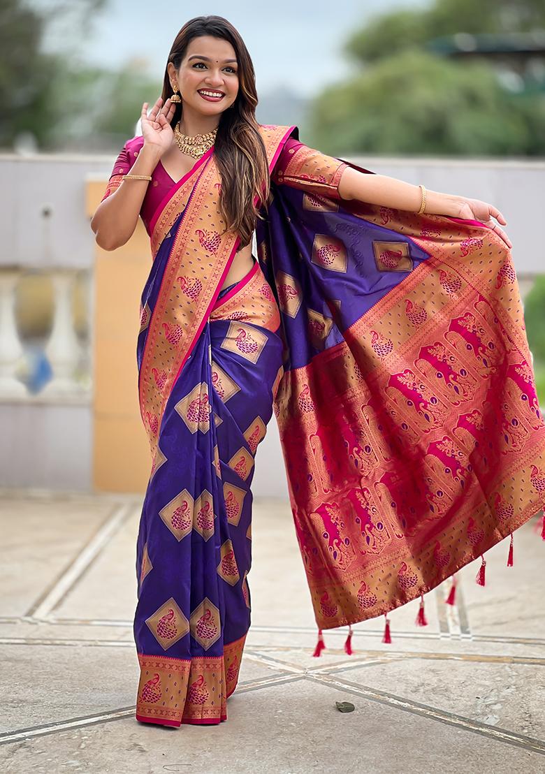 Violet Woven Silk Saree Set - Indya