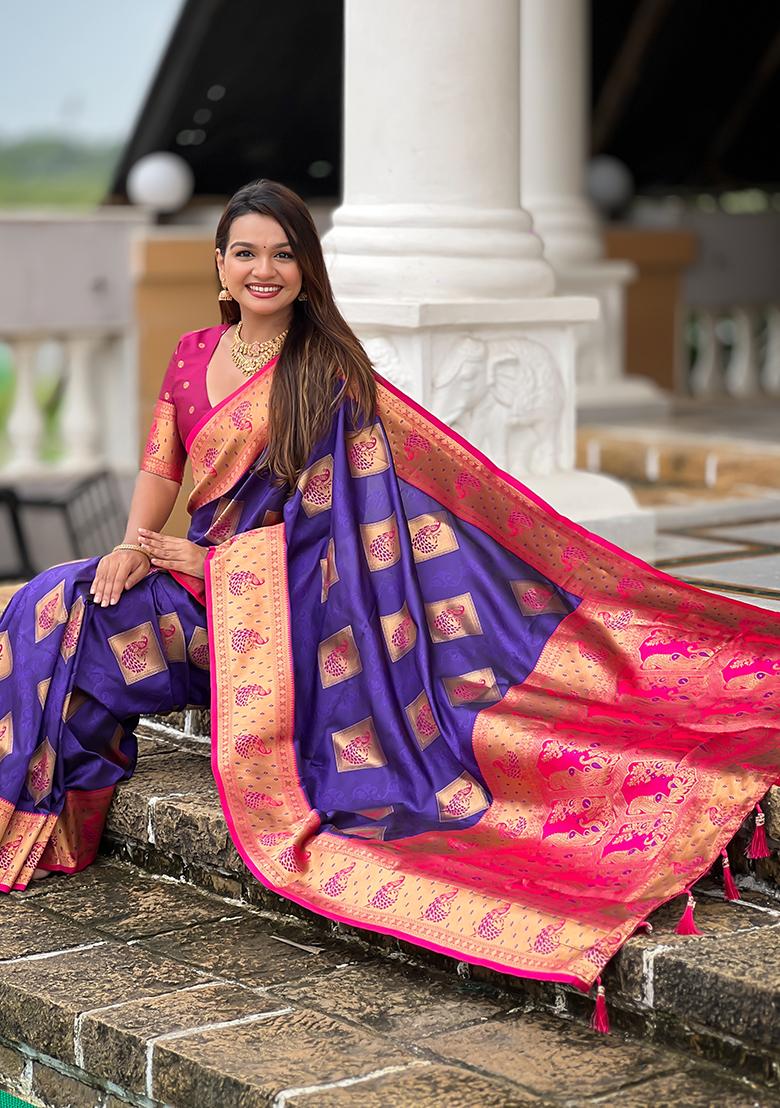 Violet Woven Silk Saree Set - Indya