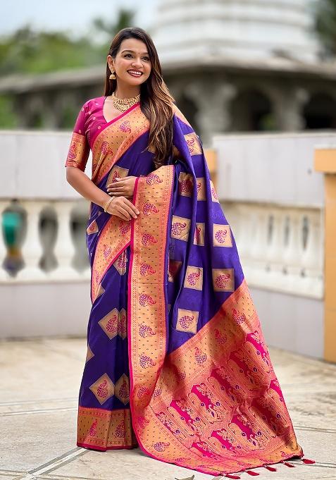 Violet Woven Silk Saree Set