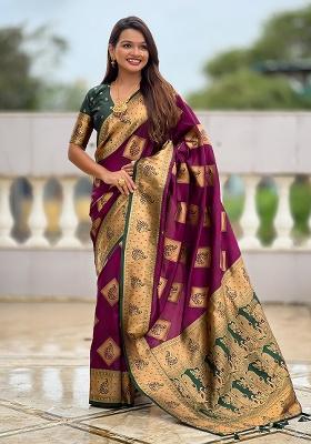 Wine Woven Silk Saree Set