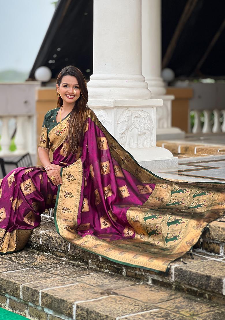 Wine Woven Silk Saree Set - Indya