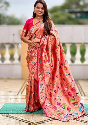 Pink Woven Silk Saree Set