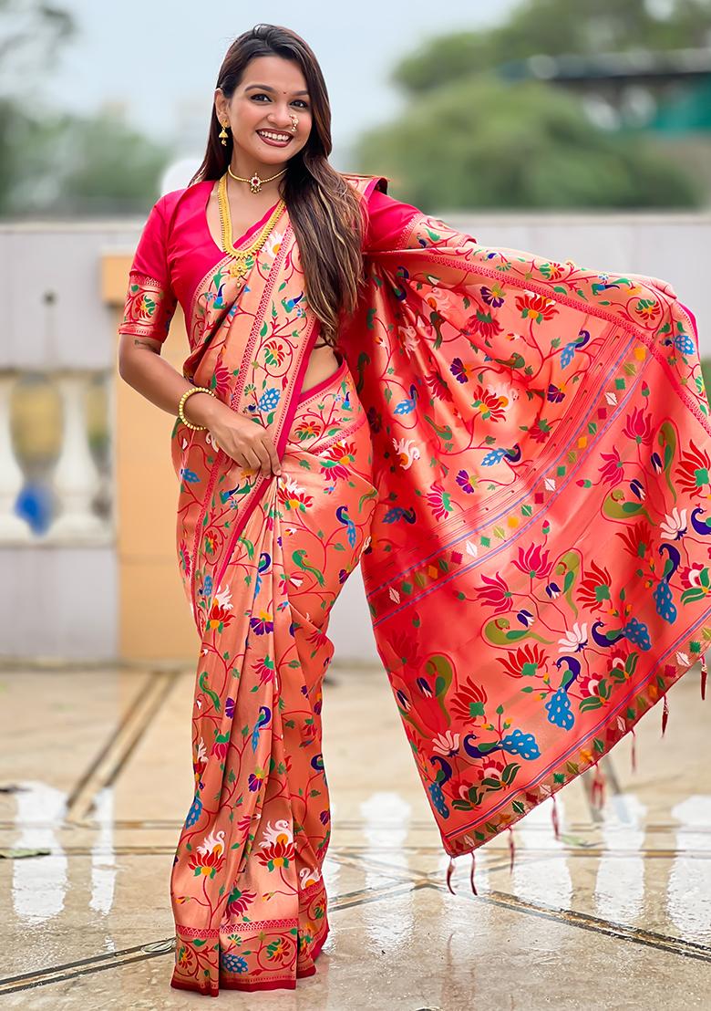 Pink Woven Silk Saree Set - Indya