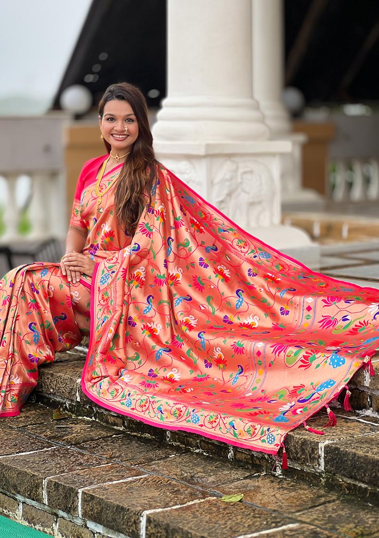 Pink Woven Silk Saree Set - Indya