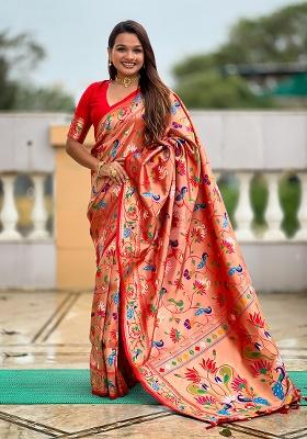 Red Woven Silk Saree Set