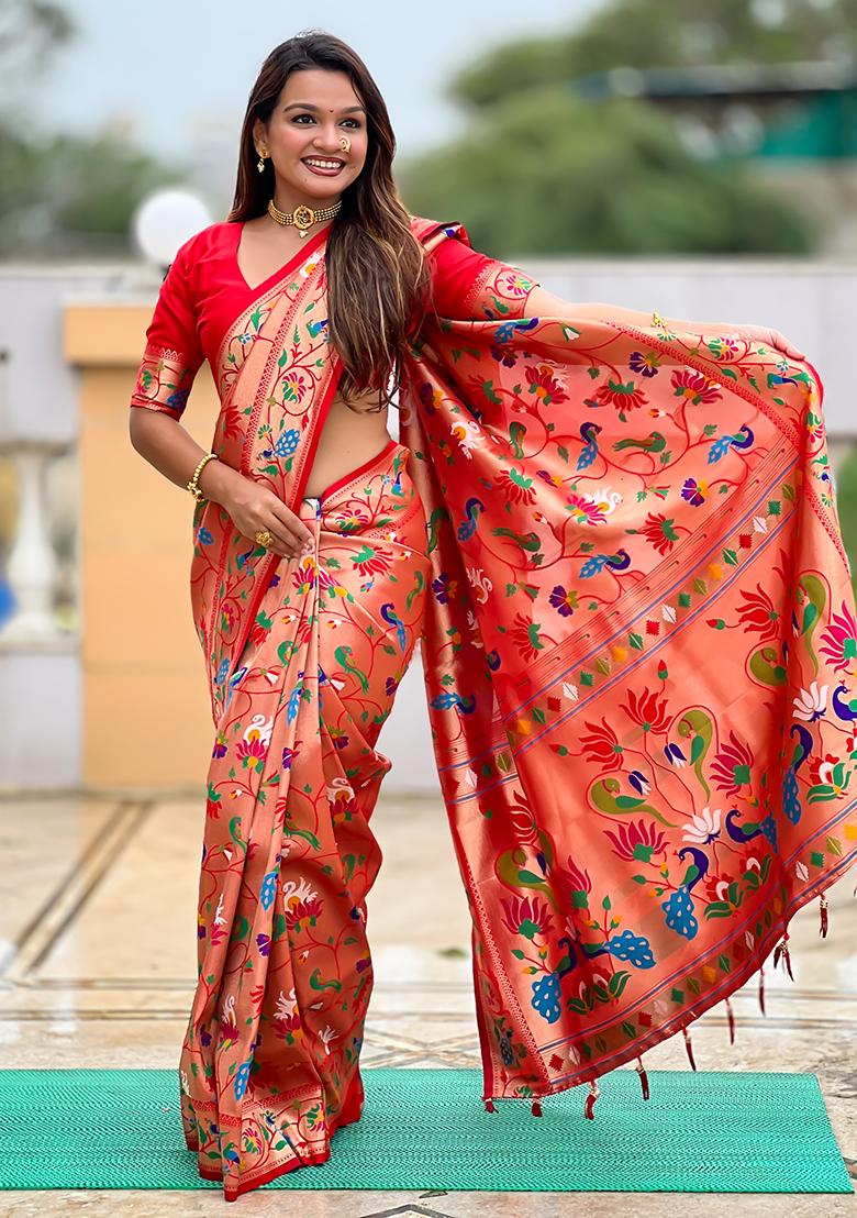Red Woven Silk Saree Set - Indya