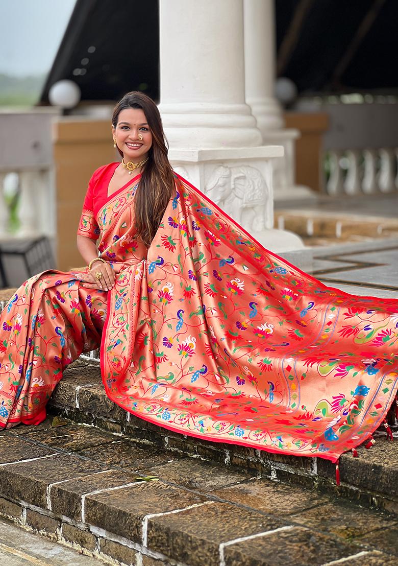 Red Woven Silk Saree Set - Indya
