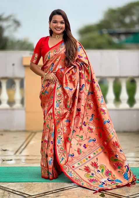Red Woven Silk Saree Set