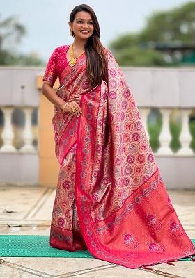 Pink Woven Silk Saree Set