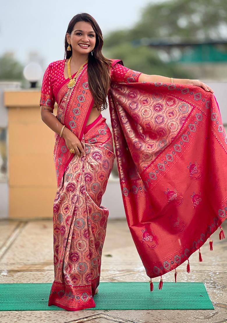 Pink Woven Silk Saree Set - Indya