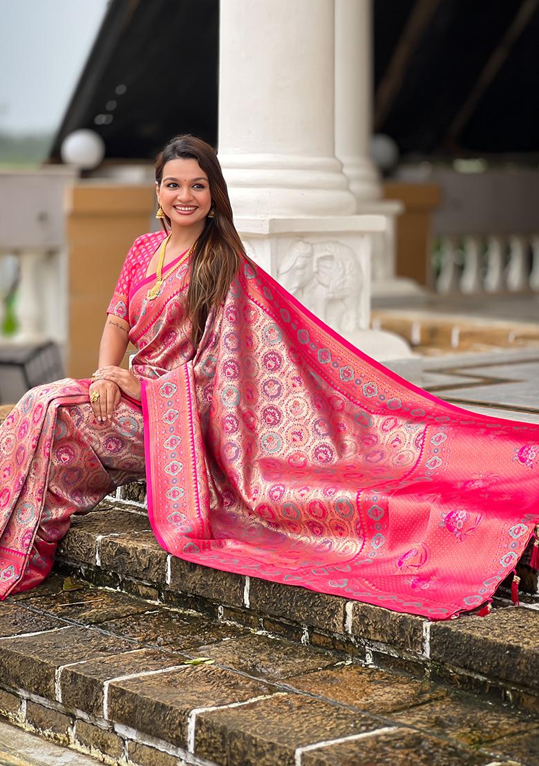 Pink Woven Silk Saree Set - Indya