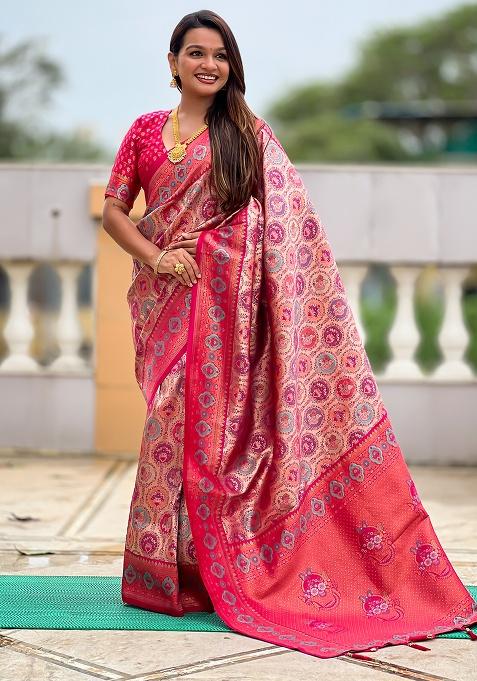 Pink Woven Silk Saree Set