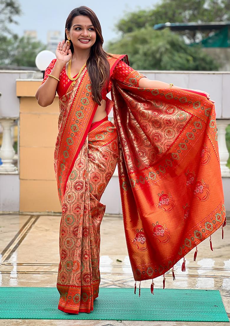 Red Woven Silk Saree Set - Indya