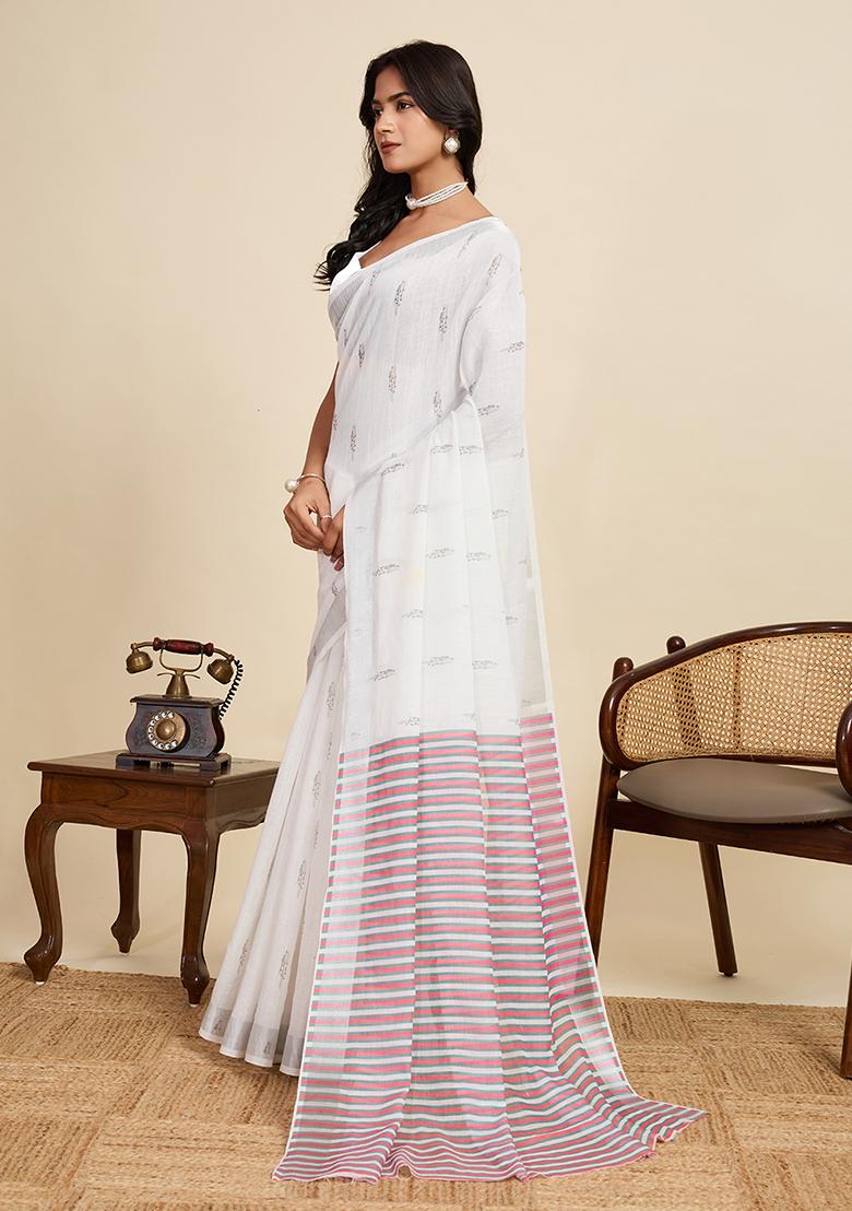 Off White Printed Linen Saree Set - Indya
