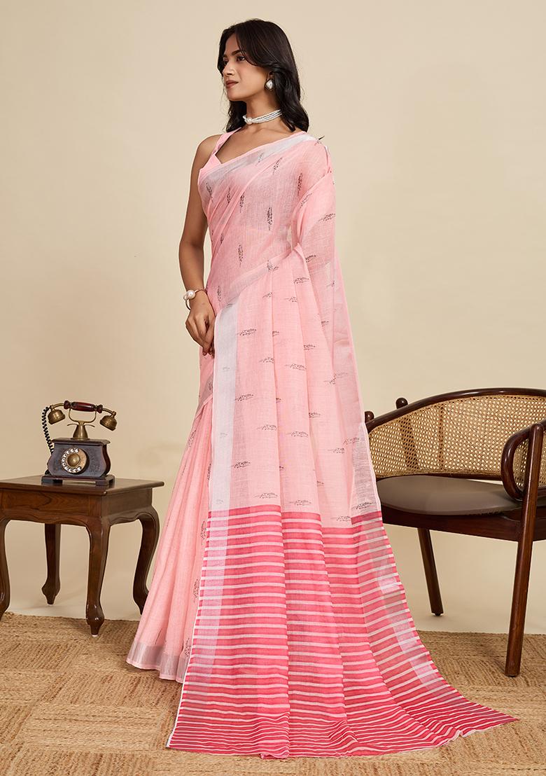 Pink Printed Linen Saree Set - Indya