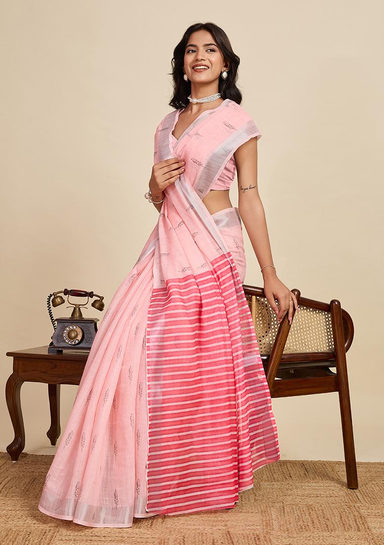 Pink Printed Linen Saree Set - Indya