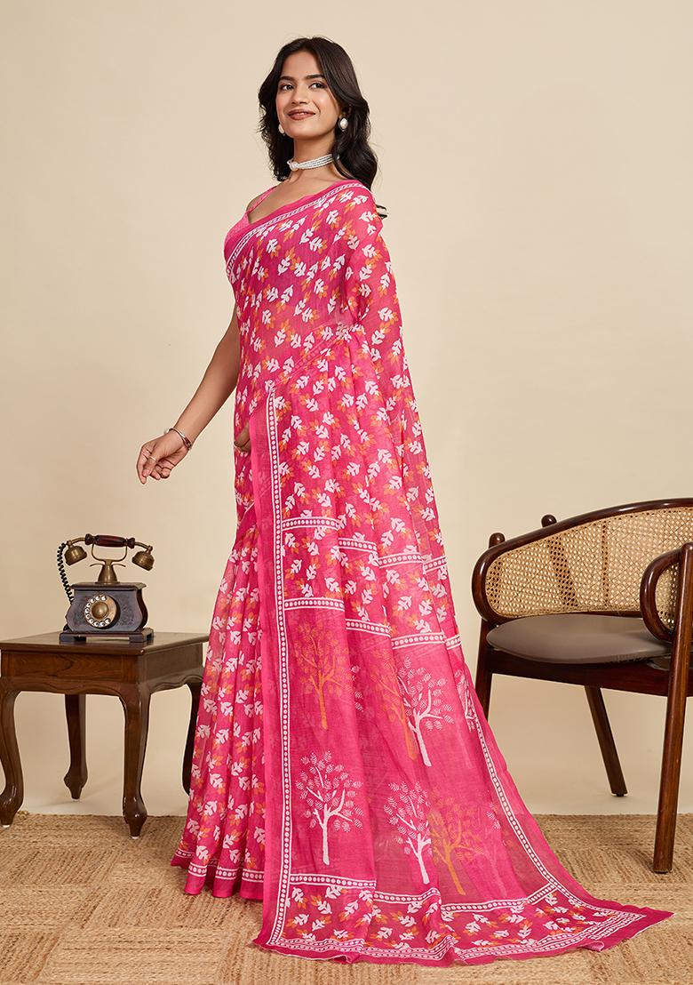 Pink Printed Linen Saree Set - Indya